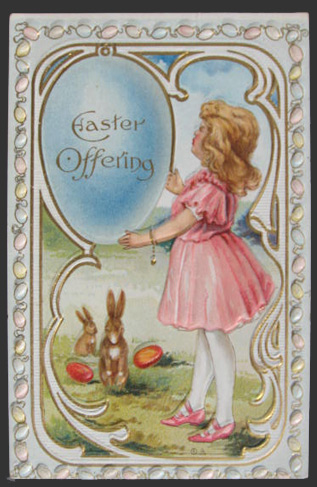 Easter Offering ~ Girl with Two Bunnies Postcard