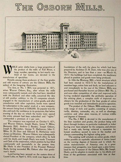 1896 Osborn Mills Ad/Article ~ Fall River, MA