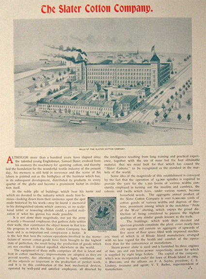 1896 Slater Cotton Company Ad/Article ~ Pawtucket, RI