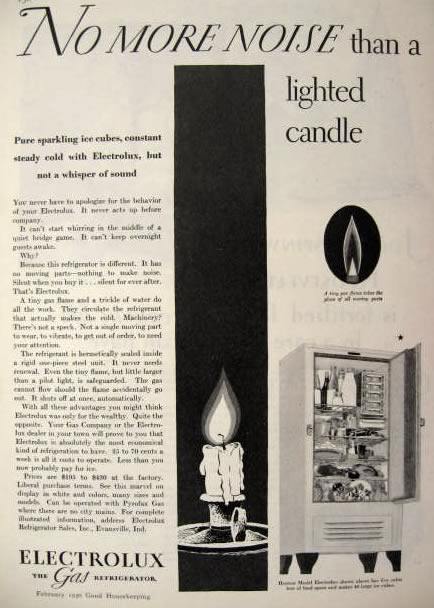 1930 Electrolux Gas Refrigerator Ad ~ Quiet as a Lighted Candle