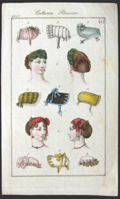 1807 Costumes Parisiens Antique Hand-Colored Fashion Print ~ Hats