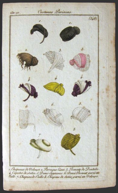 Costumes Parisiens Antique Hand-Colored Fashion Print ~ Hats