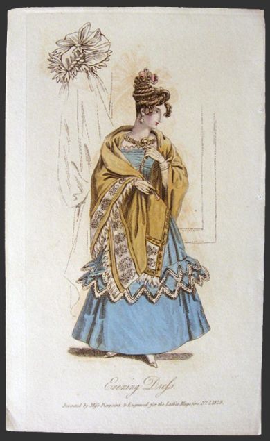 1829 Antique Hand-Colored Fashion Print ~ Evening Dress
