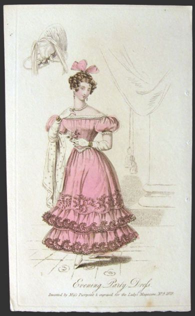 1828 Antique Hand-Colored Fashion Print ~ Party Dress