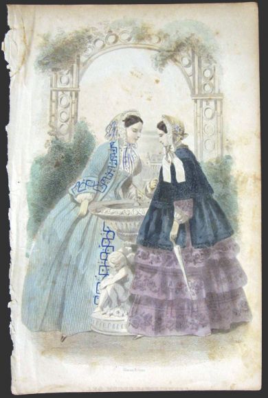 Les Modes Parisiennes Antique Hand-Colored Fashion Print ~ Women at Fountain