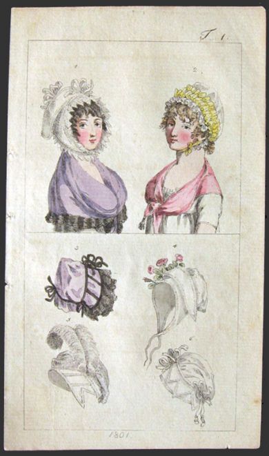 1801 Antique Hand-Colored Fashion Print ~ Bonnets
