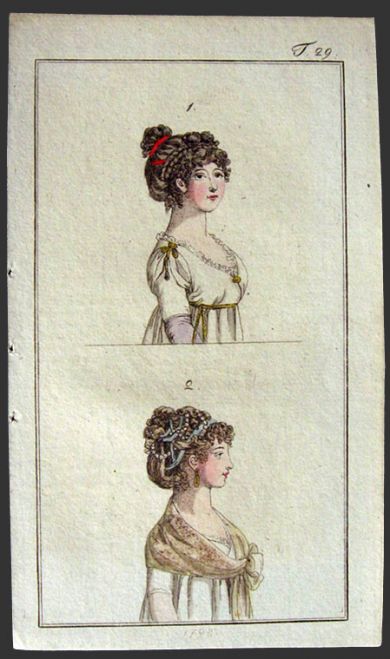 1798 Antique Hand-Colored Fashion Print ~ Regency Style Braided Hair