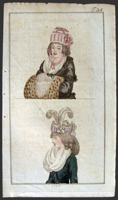 1793 Antique Hand-Colored Fashion Print ~ Woman with Muff