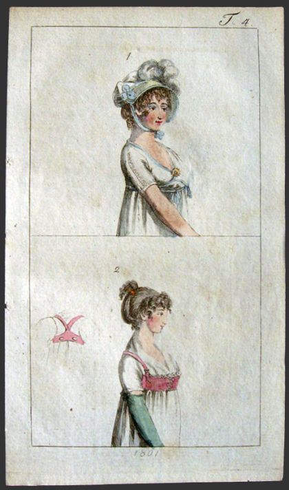 1801 Antique Hand-Colored Fashion Print ~ Empire Style