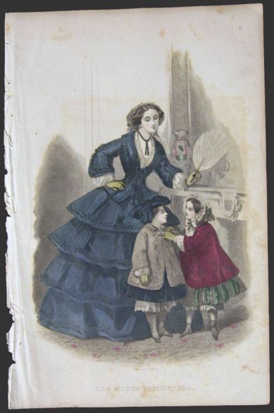 Les Modes Parisiennes Antique Hand-Colored Fashion Print ~ Woman with Kids