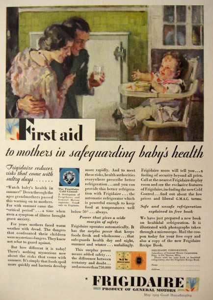 1929 Frigidaire Refrigerator Ad ~ First Aid to Mothers