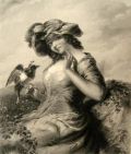 Beautiful Woman with Magpie ~ Antique Print