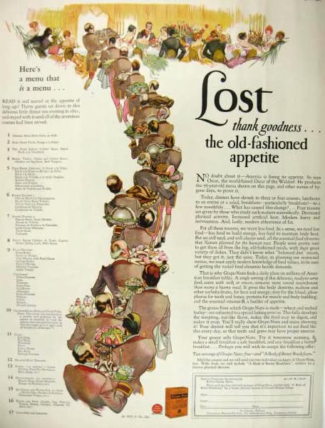 1927 Grape Nuts Cereal Ad ~ Waldorf Astoria Menu from 1851