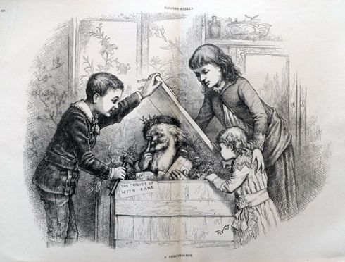 1885 Thomas Nast "A Christmas Box" Antique Engraving ~ Harper's Weekly