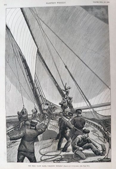 1886 Yacht Races, Changing Topsails ~ Antique Print