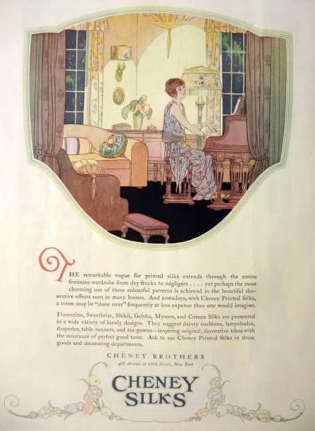 1922 Cheney Silks Ad ~ Woman Plays Piano