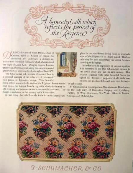 1923 F. Schumacher Fabric Ad ~ Roses of Silk Brocade