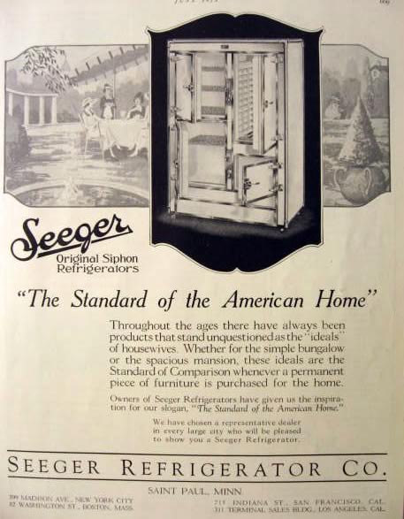 1923 Seeger Siphon Refrigerator Ad