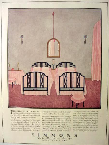 1923 Simmons Bed & Mattress Ad ~ Gray & Rose Colored Bedroom