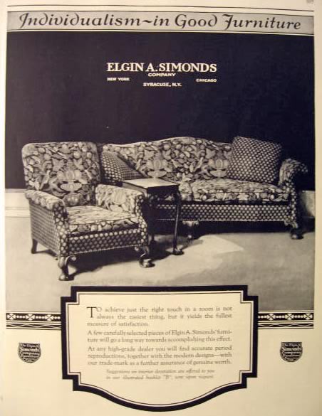 1923 Elgin Simonds Furniture Ad ~ Couch & Chair