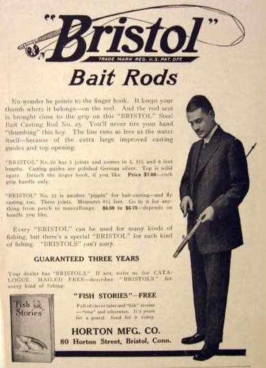 1912 Vintage Bristol Steel Bait Casting Rod Ad