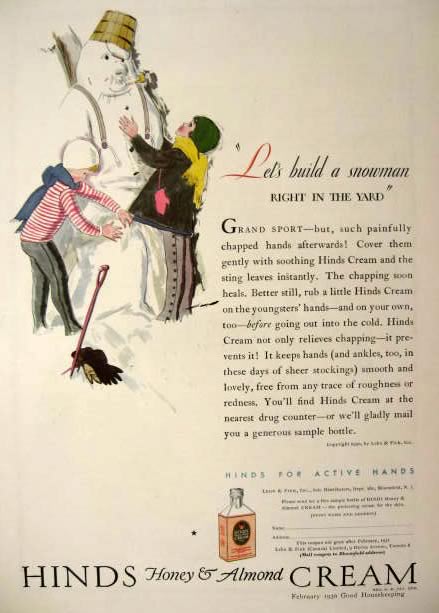 1930 Hinds Cream Ad ~ Let's Build a Snowman