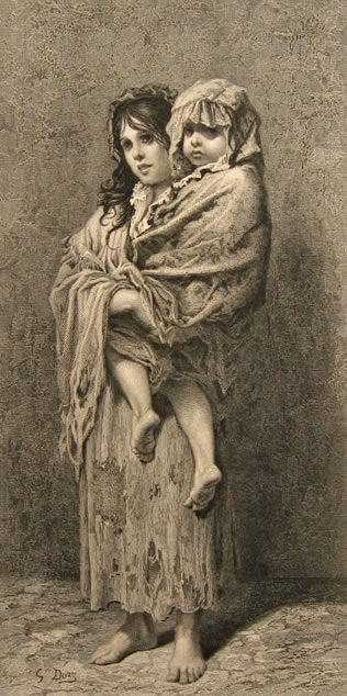 Antique Print ~ Steel Engraving ~ Homeless Children ~ Gustave Dore