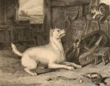 Antique Print ~ Steel Engraving ~ Dog Scares Cat, Mouse Looks On ~ Landseer