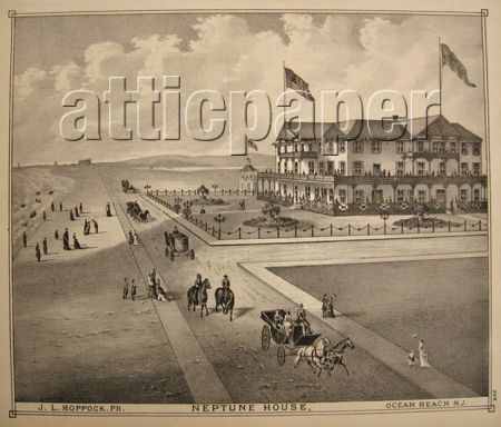 1878 Ocean Beach, NJ Antique Print ~ Neptune House Resort Hotel