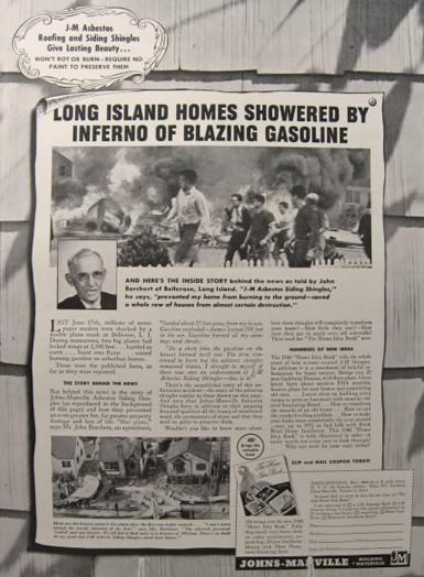 1940 Johns Manville Ad ~ Bellerose NY Plane Crash Fire