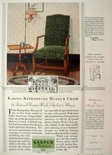 1929 Karpen Furniture Ad ~ Chippendale Chair