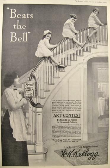 1913 Kellogg's Corn Flakes Ad ~ Children Slide Down Bannister