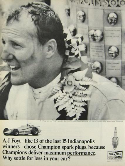 1964 Champion Spark Plugs Ad ~ A.J. Foyt Photo