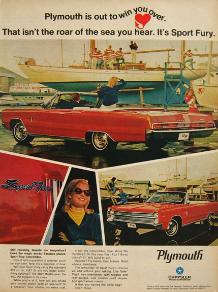 1967 Plymouth Sport Fury Convertible Ad ~ Roar of the Sea