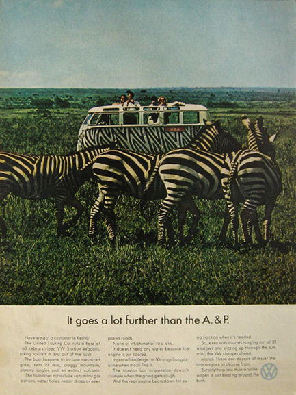 1967 VW Volkswagen Zebra Stripe Bus Ad ~ Tour Bus in Kenya