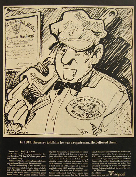 1967 Bill Mauldin Whirlpool Appliance Ad ~ Repairman
