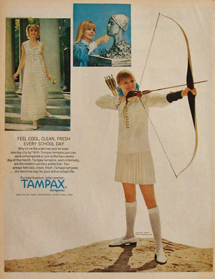 1968 Vintage Tampax Tampons Ad ~ Woman Archer