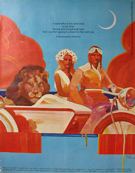 1970 De Beers Diamond Ad ~ Doug Johnson Motorcycle Couple