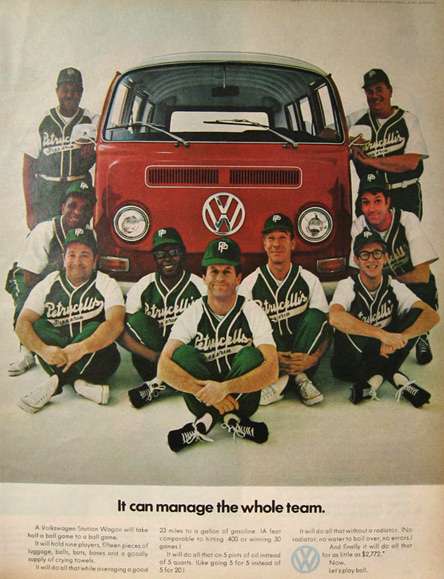 1969 VW Volkswagen Beetle Ad ~ Petrucelli's Pizzeria Baseball Team