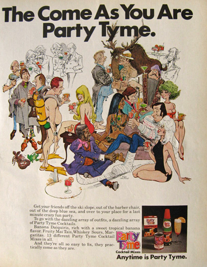 1971 Party Tyme Cocktail Mixes Ad ~ Mort Drucker Art