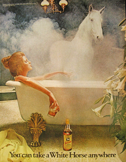 1971 White Horse Whiskey Ad ~ Woman in Tub