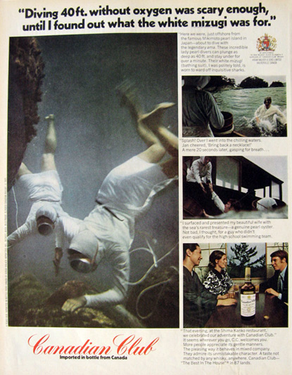 1972 Canadian Club Whiskey Ad ~ White Mizugi, Diving for Pearls