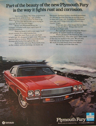 1973 Plymouth Fury Ad ~ Fights Rust & Corrosion