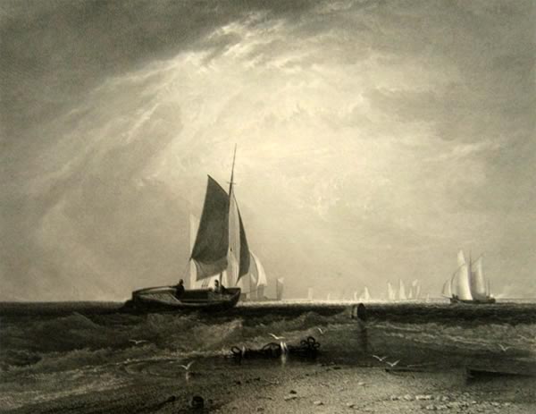 1864 Fishing Boats Near the Sand Antique Print
