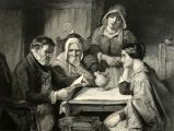 1865 Blacksmith Reads Bible with Family Antique Print