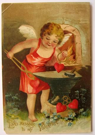 Love's Message to Valentine Postcard ~ Cupid Makes Entwined Hearts