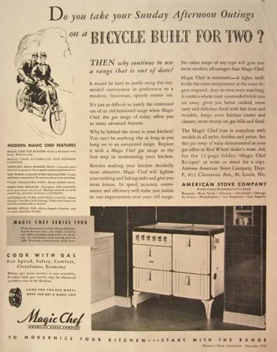 1934 Magic Chef Oven Range Ad ~ Bicycle Built for Two