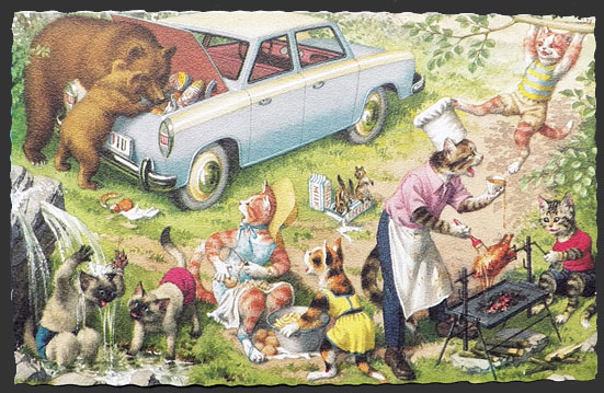 Alfred Mainzer Dressed Cats Postcard ~ Bears Invade Cookout
