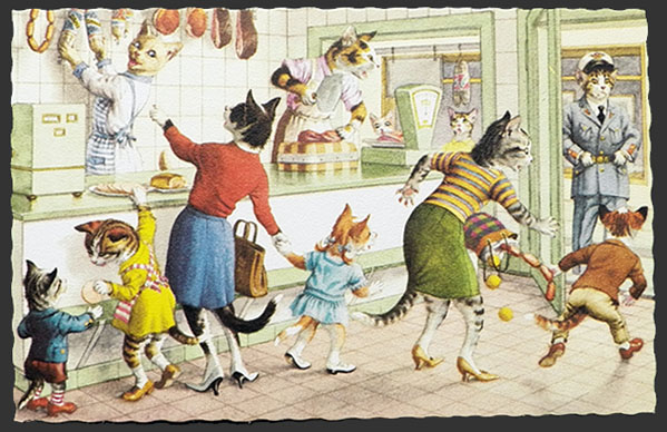 Alfred Mainzer Dressed Cats Postcard ~ Cats At The Butcher Shop