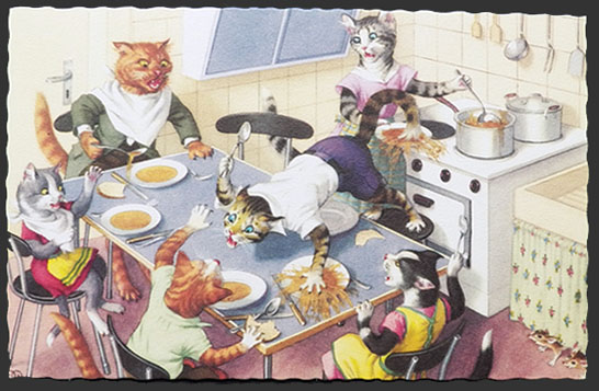 Alfred Mainzer Dressed Cats Postcard ~ Dinnertime Cat Fight
